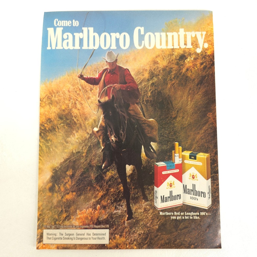 1980 Marlboro Country Print Ad Cowboy Horse Cigarette Vintage Western Wall Art